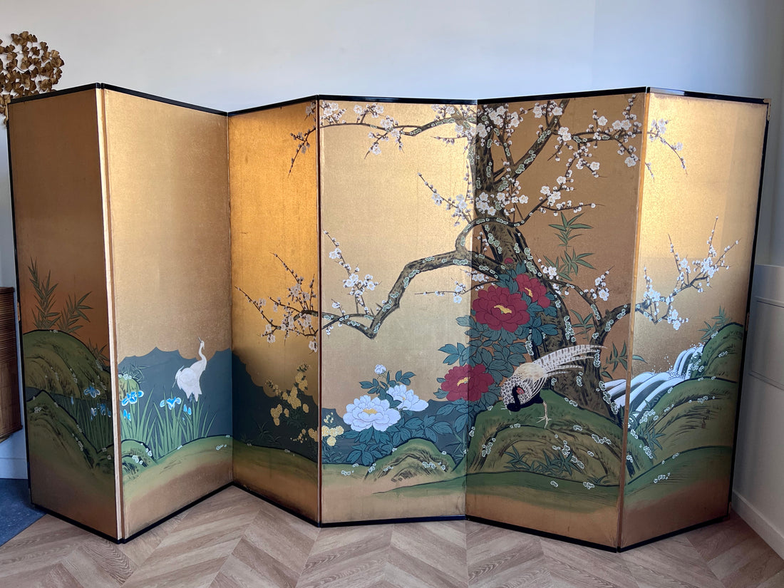 Paravent japonais Kano au faisan et cerisier