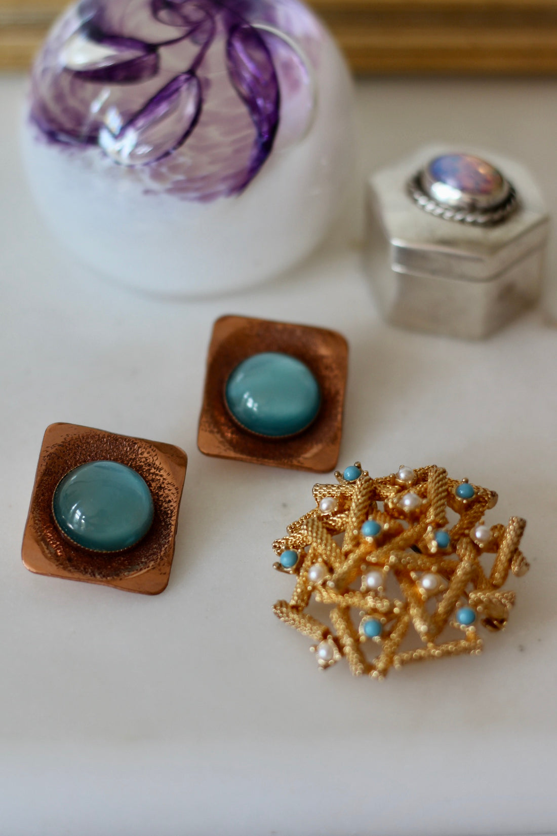 Broche vintage perles et turquoises