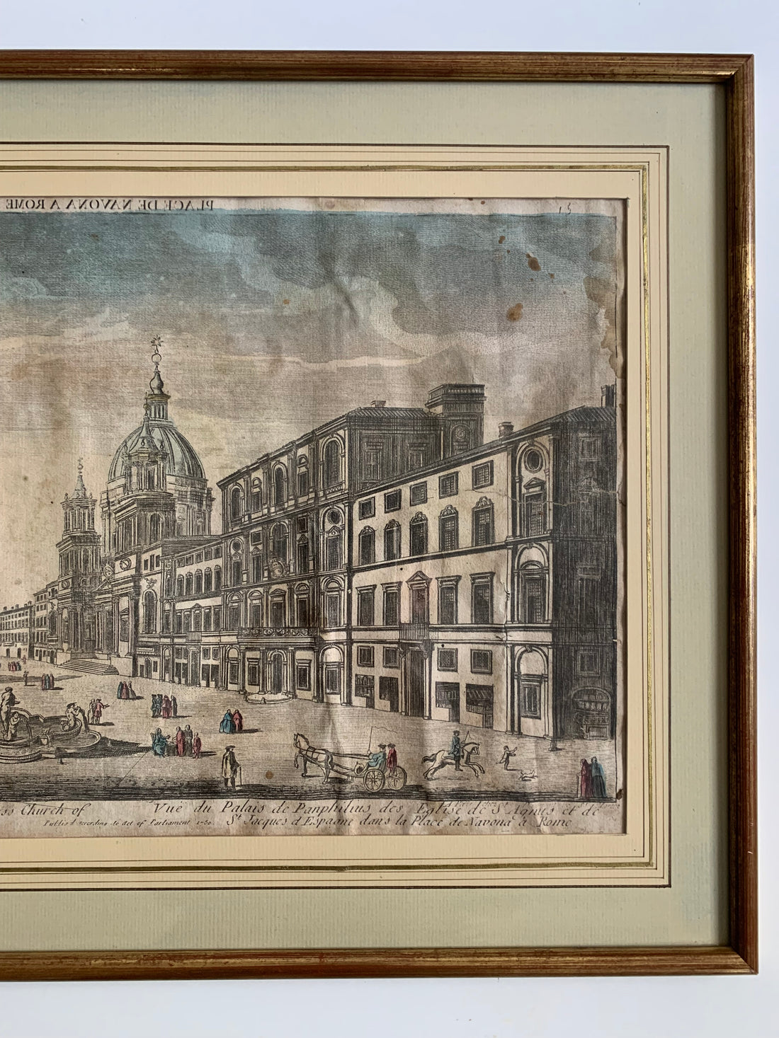 Estampe eau-forte coloriée - Place Navona Rome - 1752