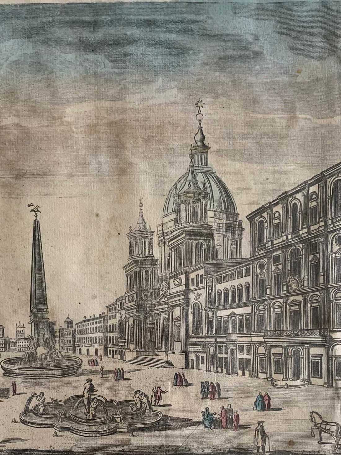 Estampe eau-forte coloriée - Place Navona Rome - 1752