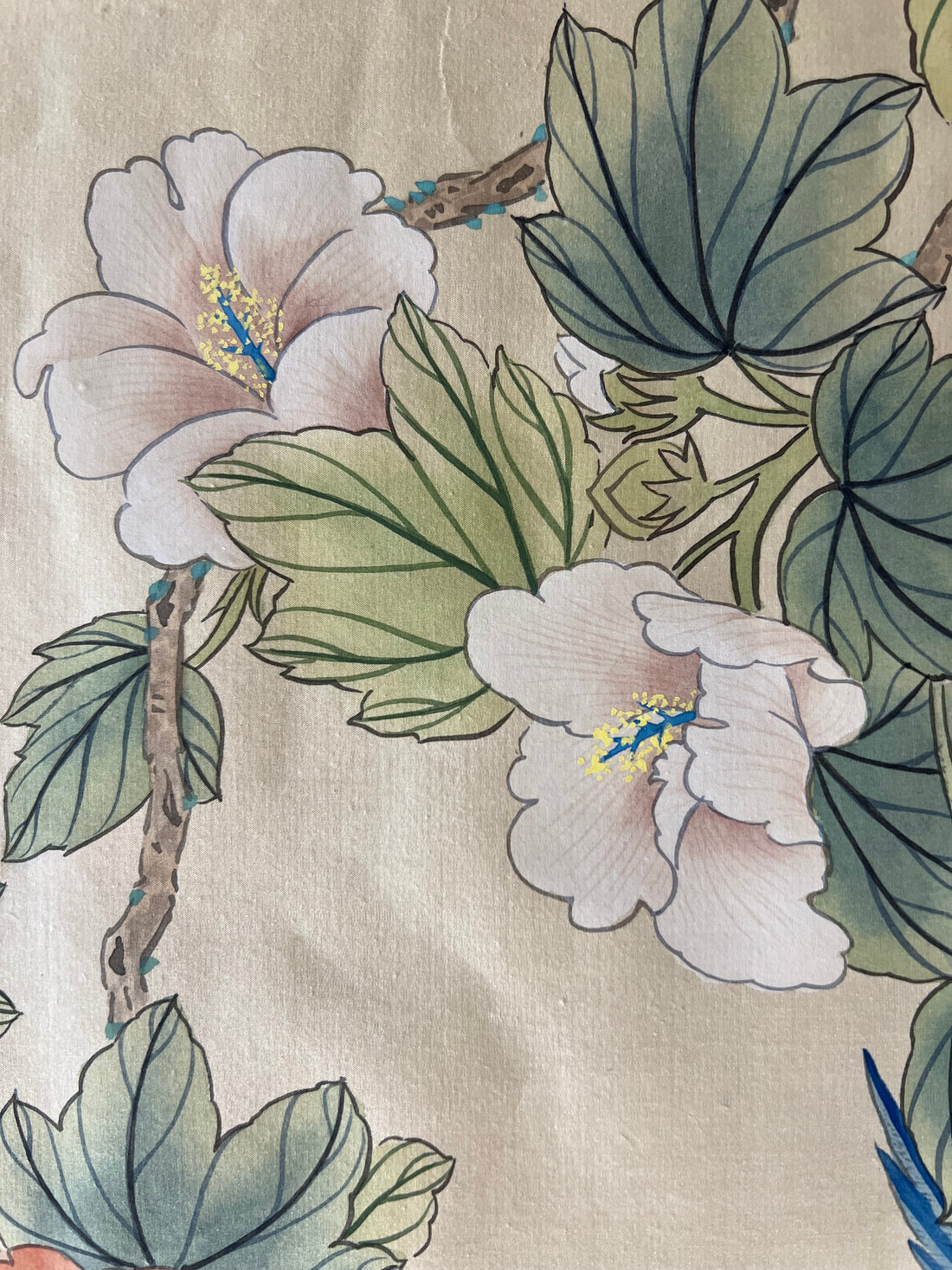 Peinture sur soie oiseau et fleurs