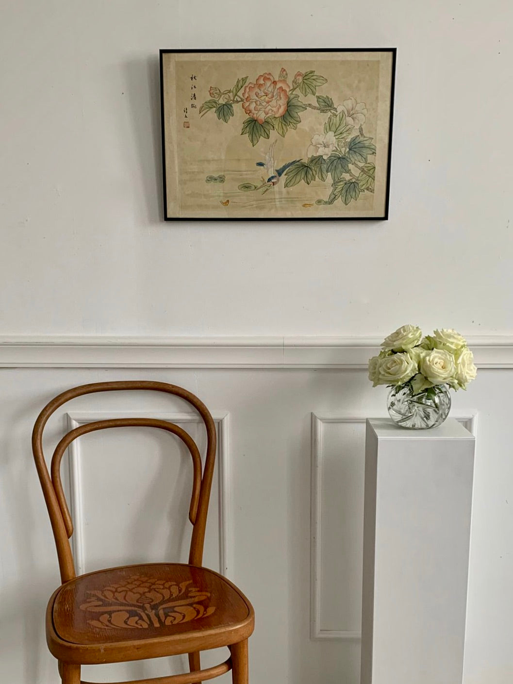 Peinture sur soie oiseau et fleurs