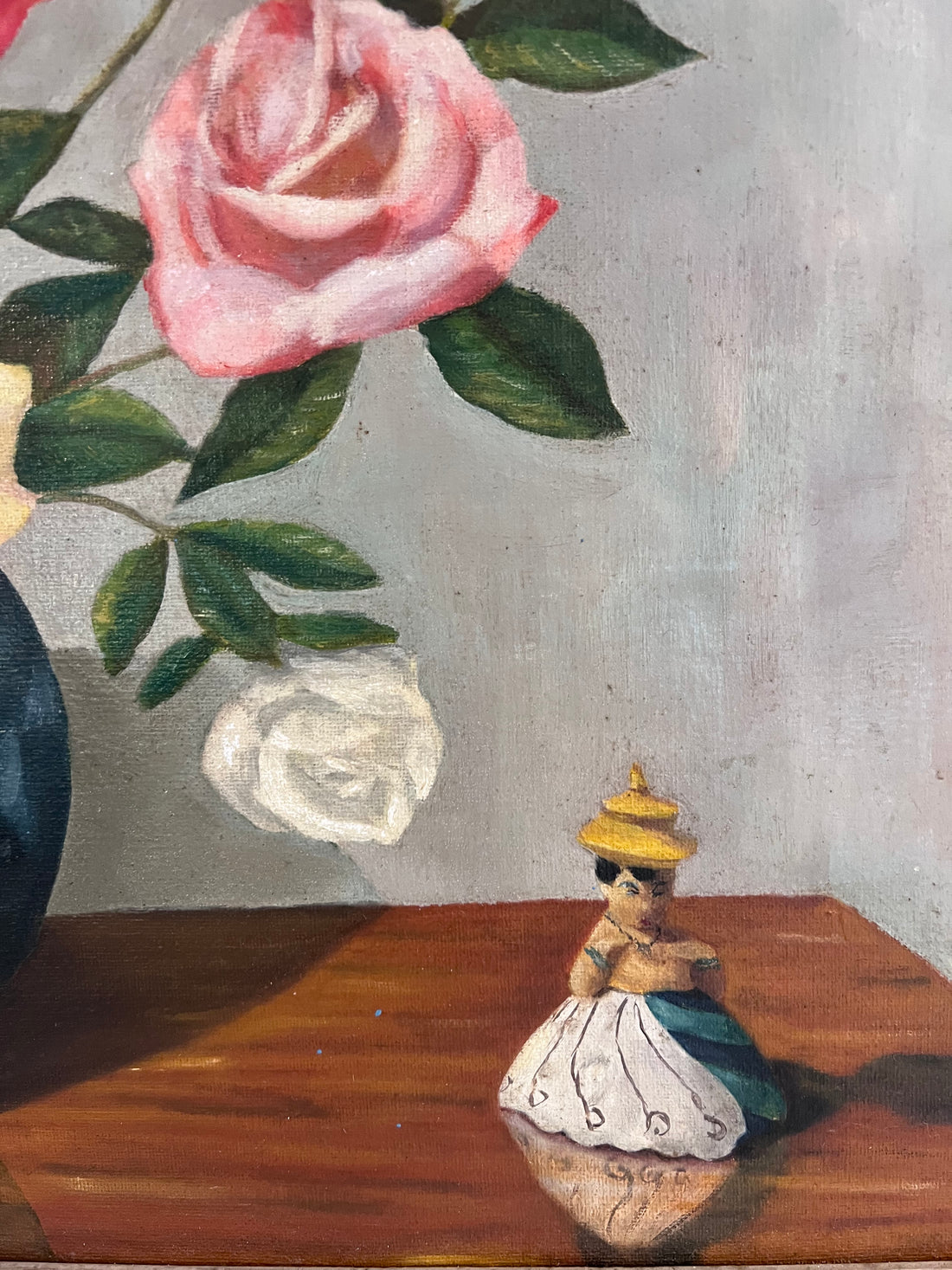 Bouquet de roses à la poupée - grande huile sur toile - Angleterre, années 50