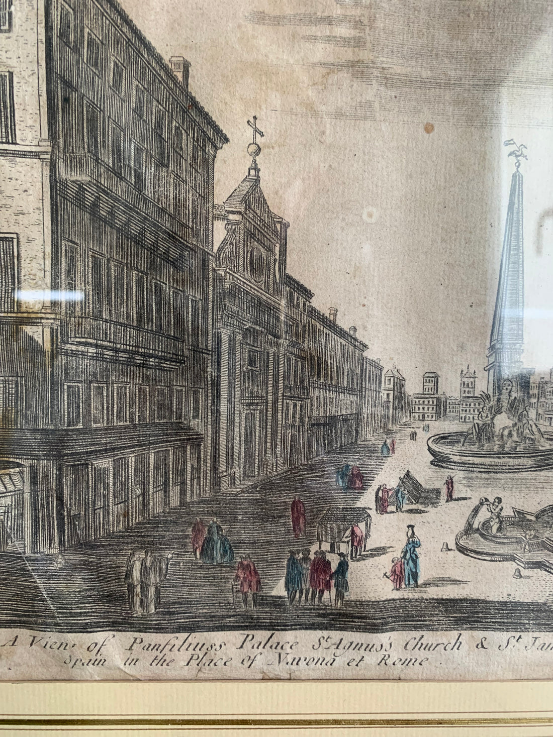 Estampe eau-forte coloriée - Place Navona Rome - 1752