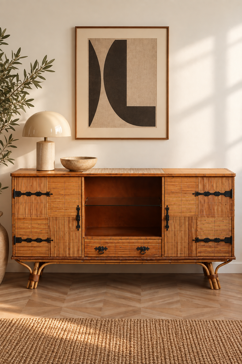 Enfilade vintage 181 cm en rotin et bambou années 1950-1960