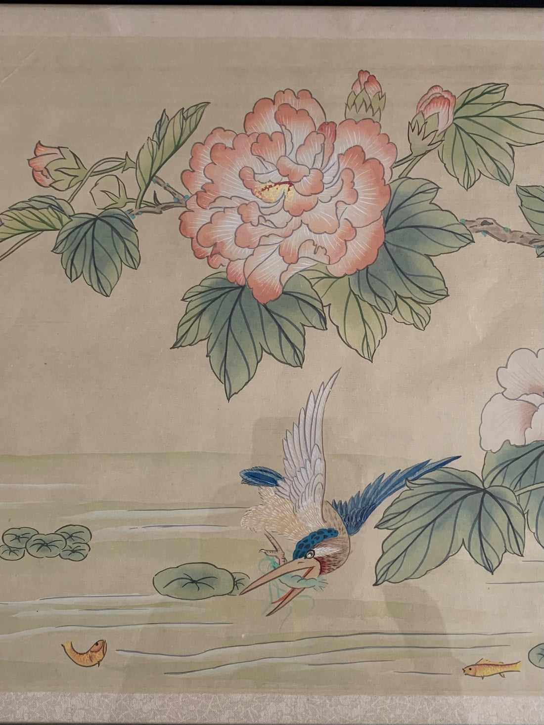 Peinture sur soie oiseau et fleurs
