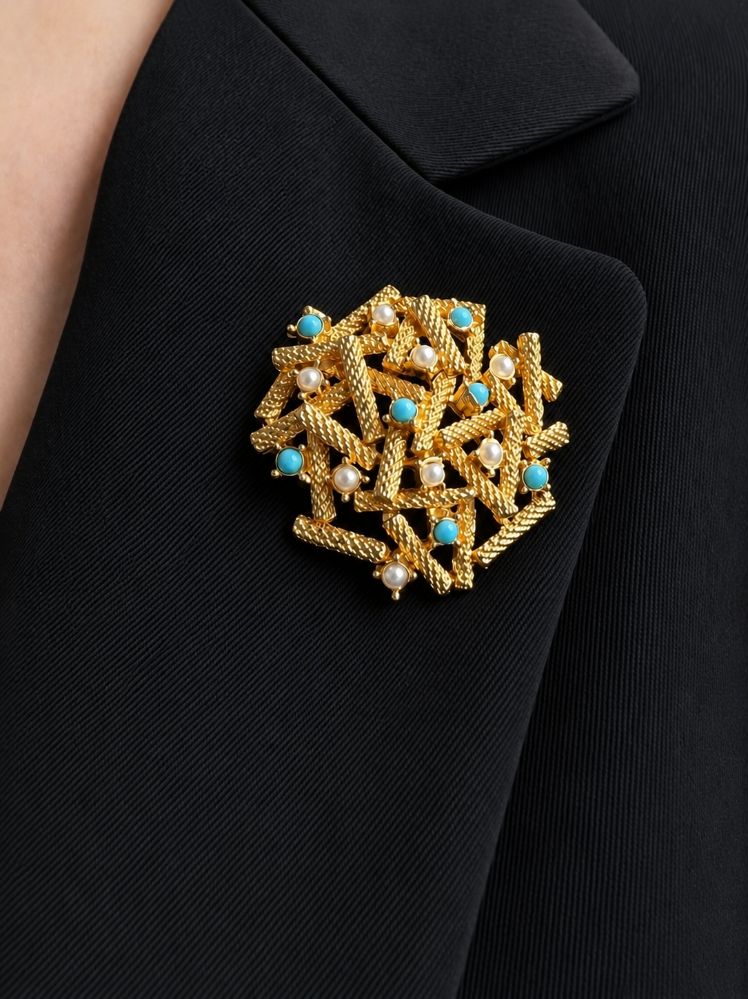 Broche vintage perles et turquoises