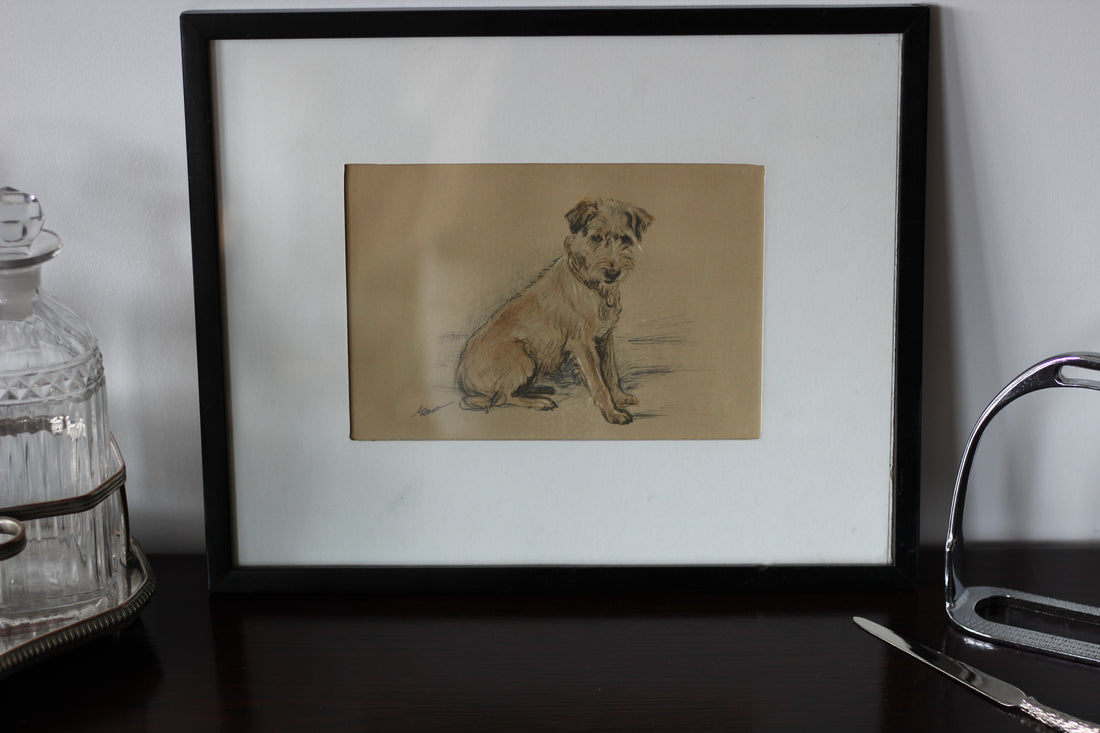Ancienne impression d'un terrier au pastel - Angleterre, vers 1930