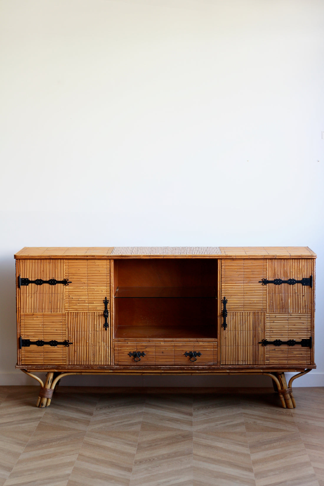 Enfilade vintage 181 cm en rotin et bambou années 1950-1960