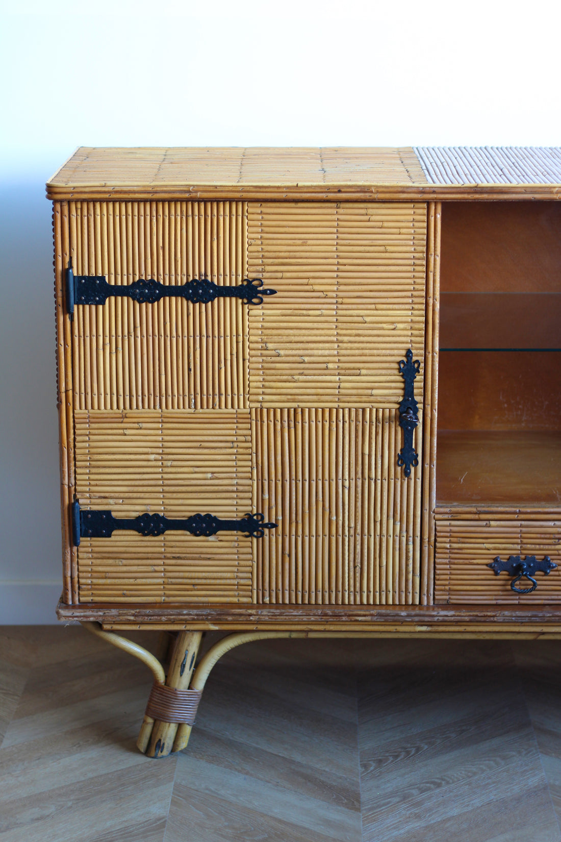 Enfilade vintage 181 cm en rotin et bambou années 1950-1960
