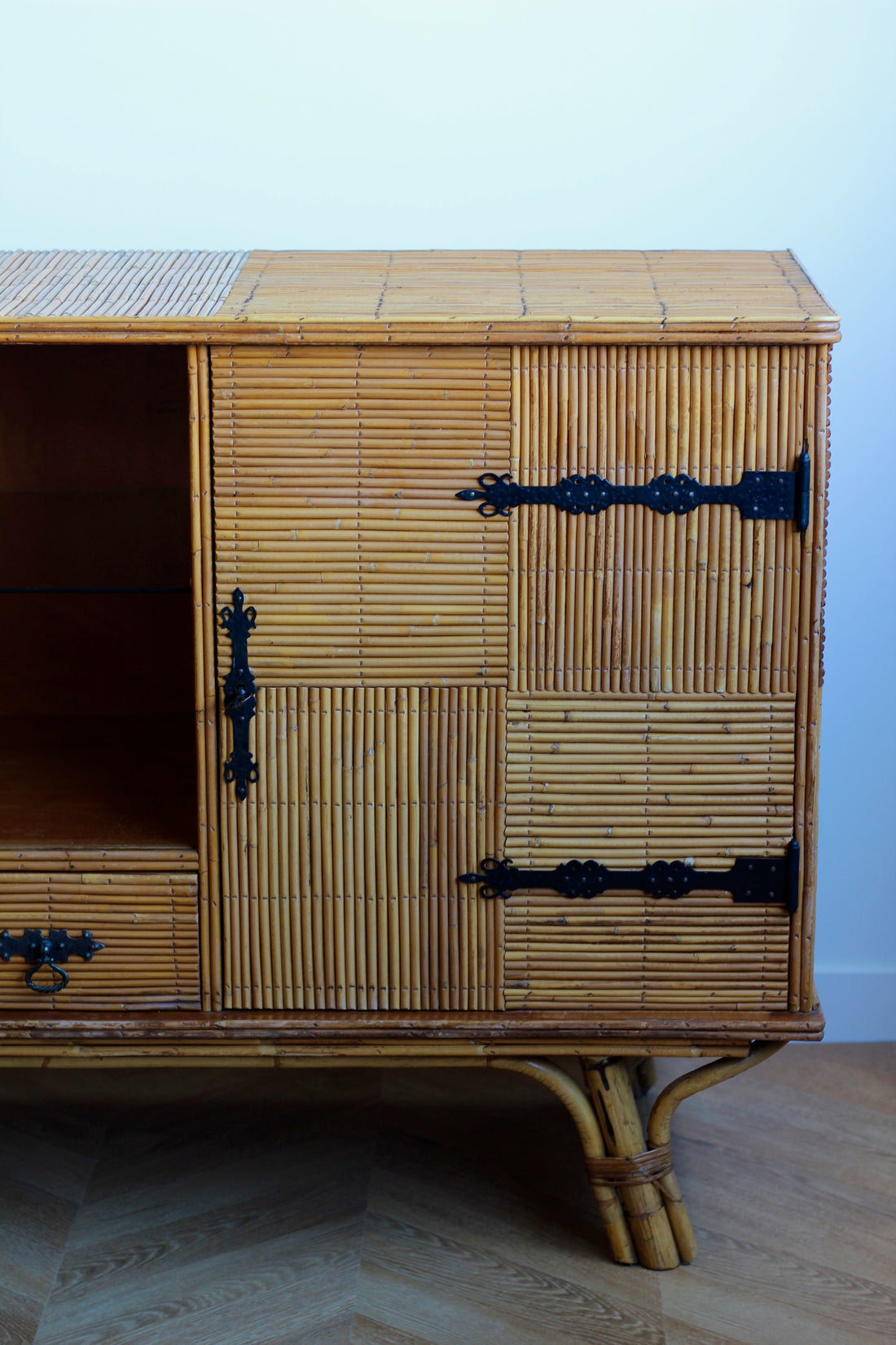 Enfilade vintage 181 cm en rotin et bambou années 1950-1960