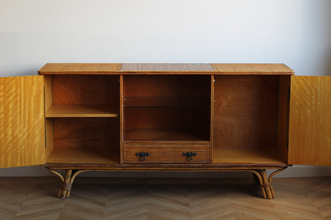 Enfilade vintage 181 cm en rotin et bambou années 1950-1960