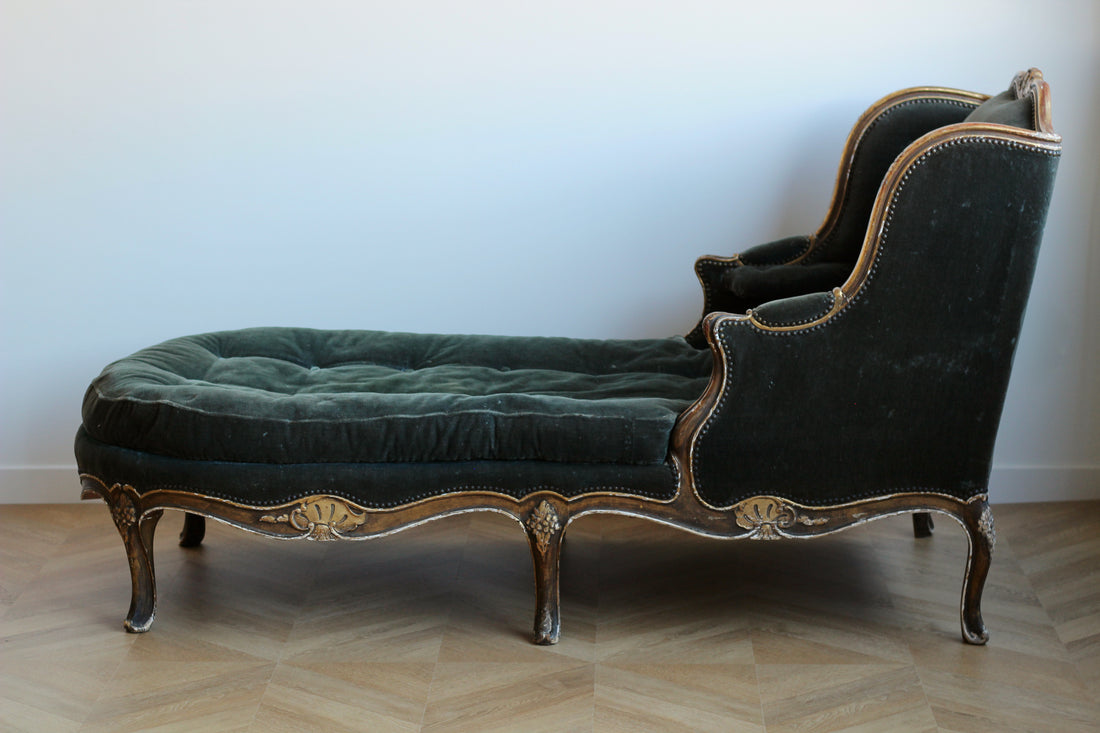 Grande méridienne en velours style Louis XV, vers 1890-1900