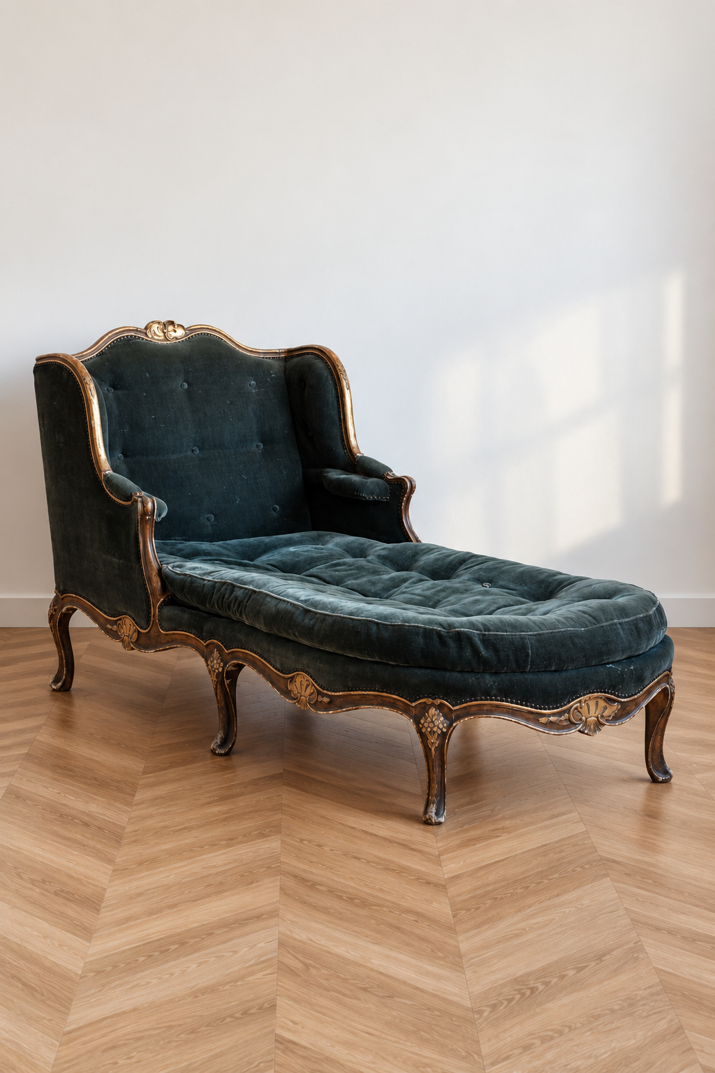Grande méridienne en velours style Louis XV, vers 1890-1900