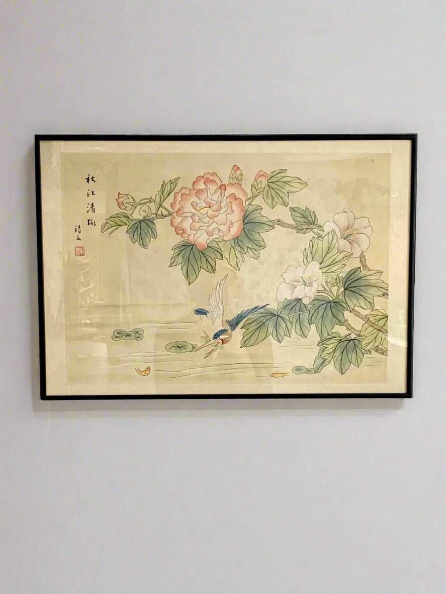 Peinture sur soie oiseau et fleurs