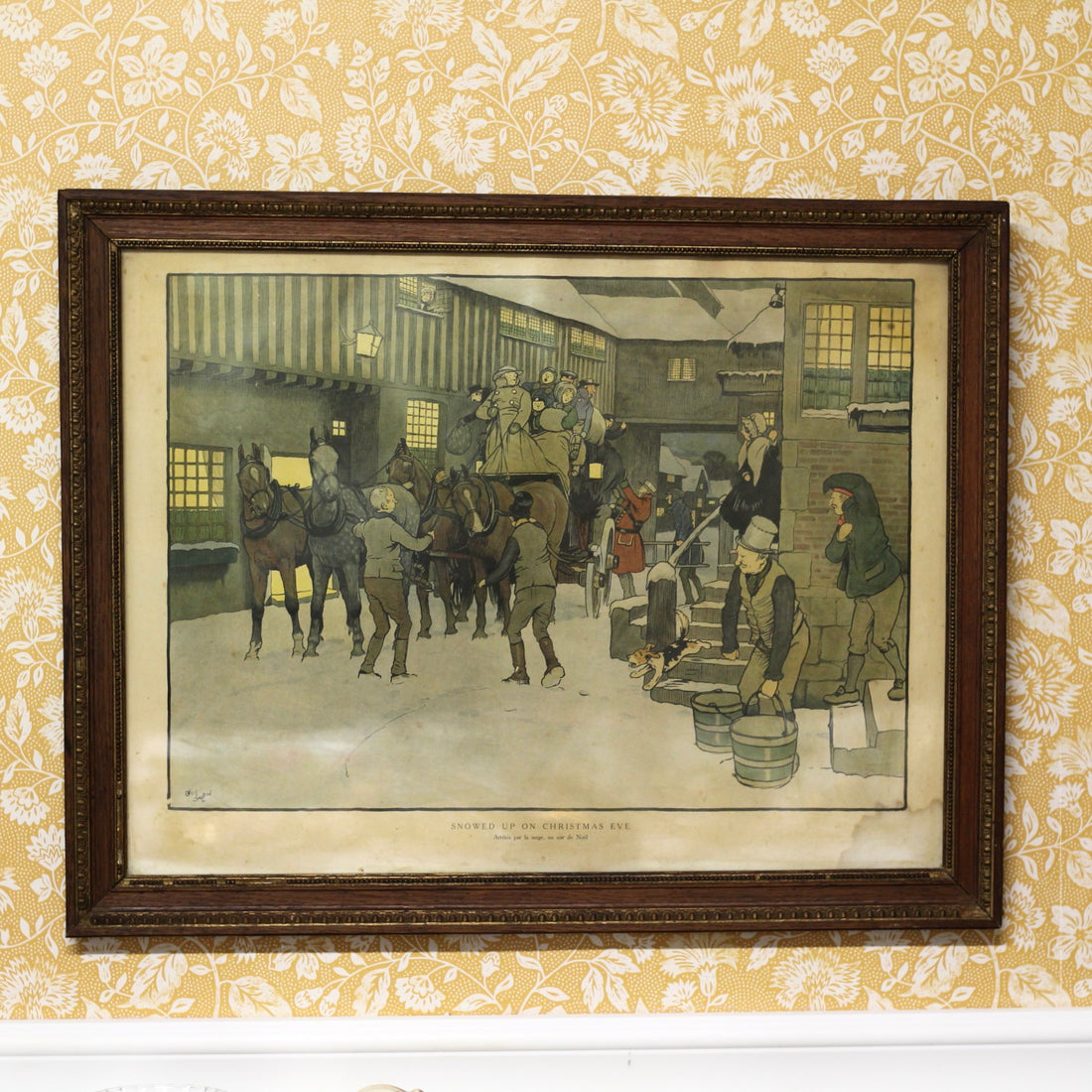 ancienne-lithographie-anglaise-cecil-aldin-cadre-bois-vintage-la-petite-brocante
